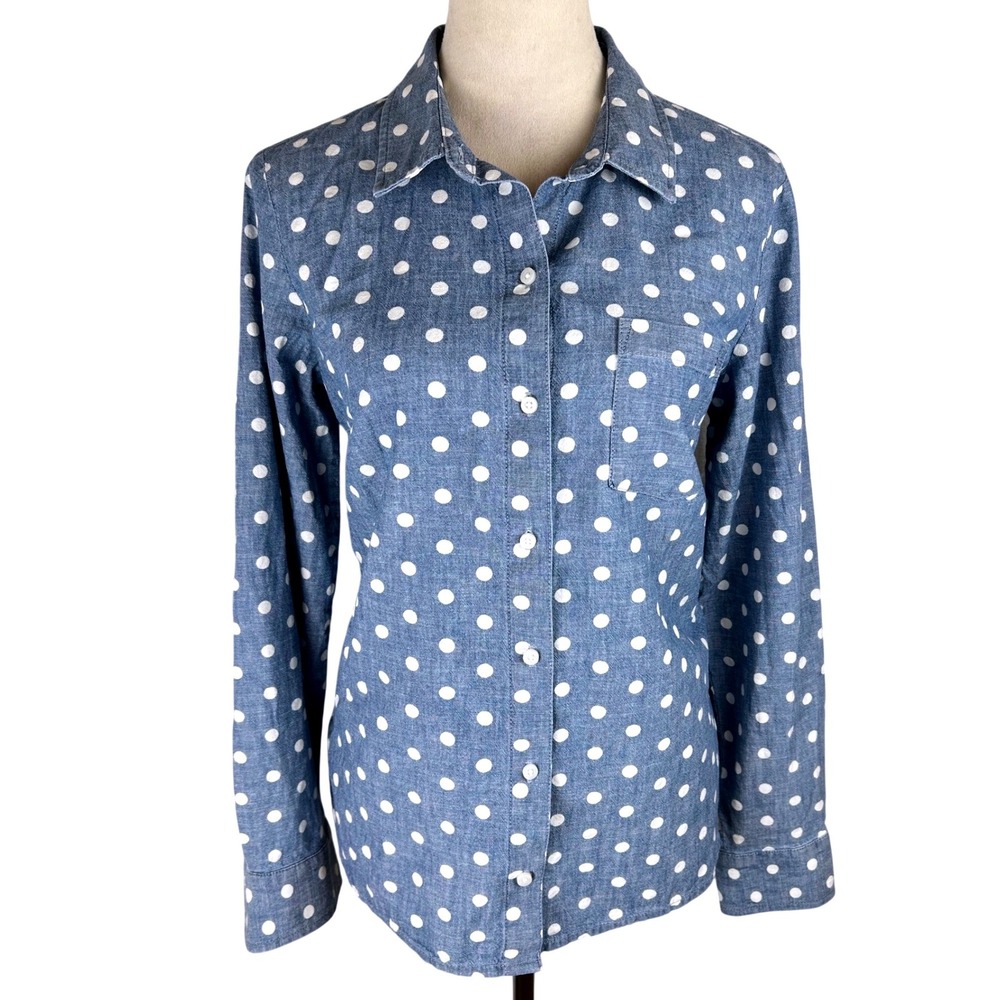 Tommy Hilfiger Denim Button Down Blue‎ Polka Dot Chambray Shirt Womens Medium